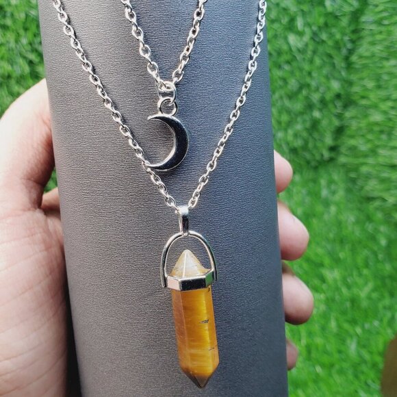 Layered Moon and Red Tiger Eye Healing Crystal Quartz Pendant Necklace, BS41087 - Picture 1 of 13